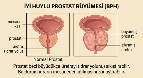 İyi Huylu Prostat Büyümesi (BPH) anatomi illüstrasyonu. Görsel, normal prostat ile büyümüş prostatın mesane kası ve üretra (idrar yolu) üzerindeki etkilerini karşılaştırır. Büyüyen prostatın idrar yolunu nasıl sıkıştırdığını ve idrar atılımını nasıl zorlaştırdığını gösteren açıklayıcı metin içerir.