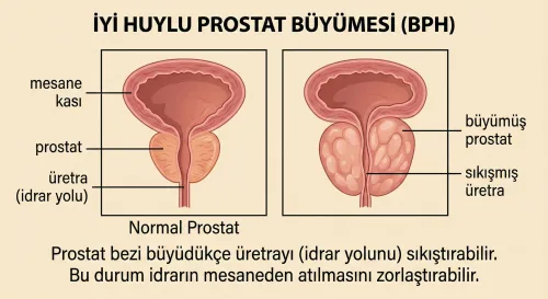 İyi Huylu Prostat Büyümesi (BPH) anatomi illüstrasyonu. Görsel, normal prostat ile büyümüş prostatın mesane kası ve üretra (idrar yolu) üzerindeki etkilerini karşılaştırır. Büyüyen prostatın idrar yolunu nasıl sıkıştırdığını ve idrar atılımını nasıl zorlaştırdığını gösteren açıklayıcı metin içerir.