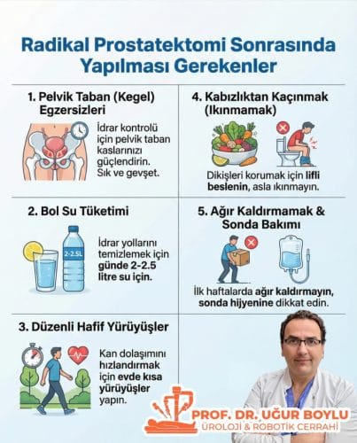 Profesör Doktor Uğur Boylu robotik Radikal prostatektomi ameliyatı geçiren hastalara 5 önemli uyarıda bulunuyor Bunlar ameliyattan sonra Kegel egzersizleri yapmak, bol sıvı tüketmek, yürüyüş yapmak, sonda hijyenine dikkat etmek ve kabız kalmamak.